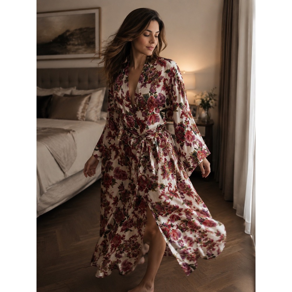 Dentelle Vintage Floral Maxi Robe Satin Wrap Long Kimono Made in USA Large